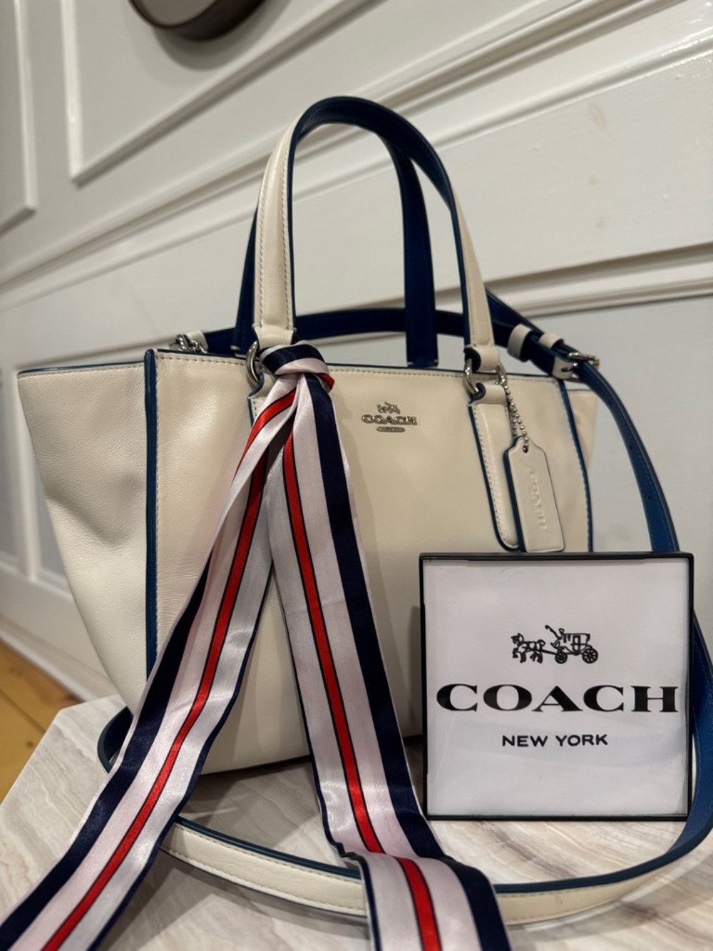 Coach Bag Crosby Mini Carryall Colorblock White Blue Leather Satchel Tote